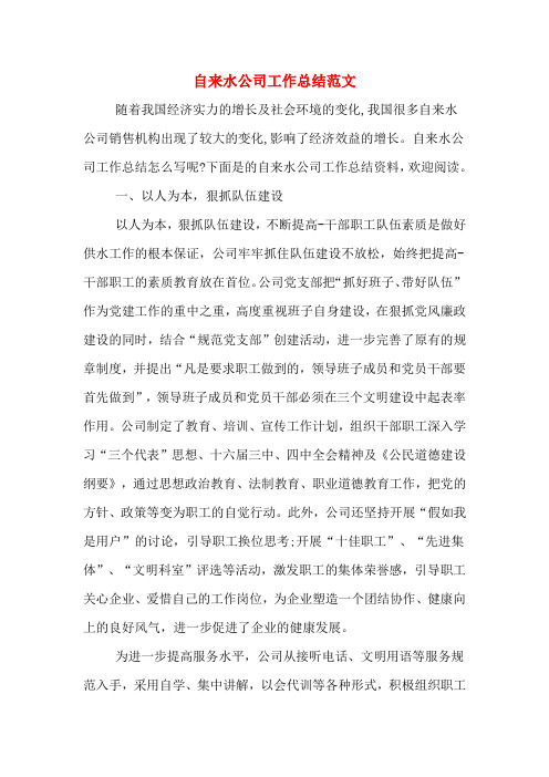 2019年自来水公司工作总结范文