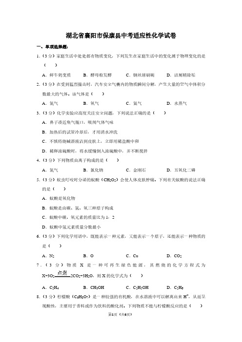湖北省襄阳市保康县中考适应性化学试卷