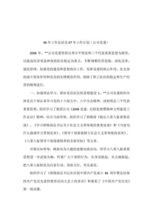 06年工作总结及07年工作计划(公司党委)