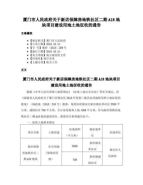 厦门市人民政府关于新店保障房地铁社区二期A18地块项目建设用地土地征收的通告