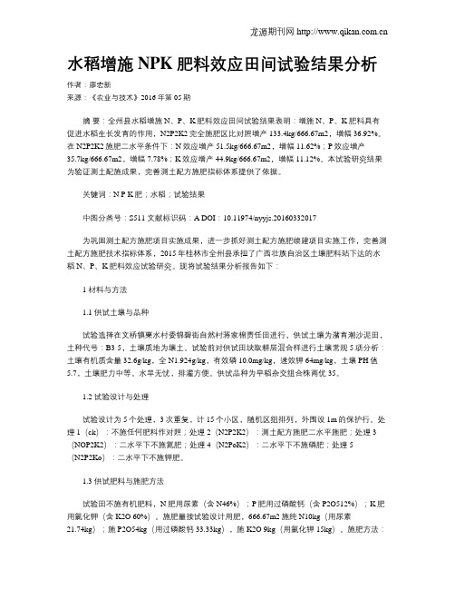 水稻增施NPK肥料效应田间试验结果分析