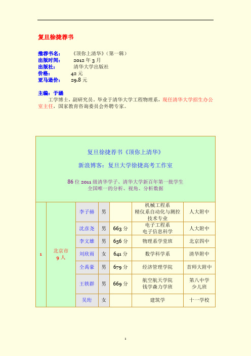 复旦徐捷荐书《顶你上清华》86位清华学生毕业院校就读专业一览等