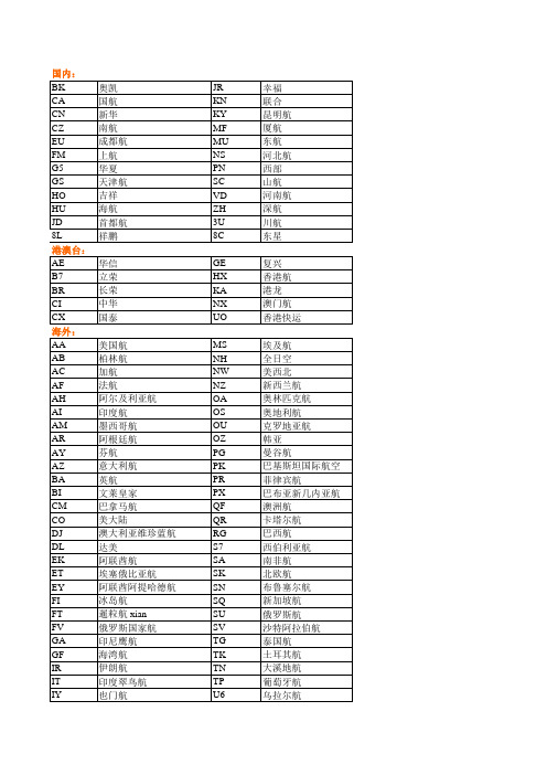 国际国内航空公司二字代码