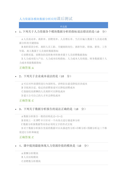 人力资源各模块数据分析应用课后测试