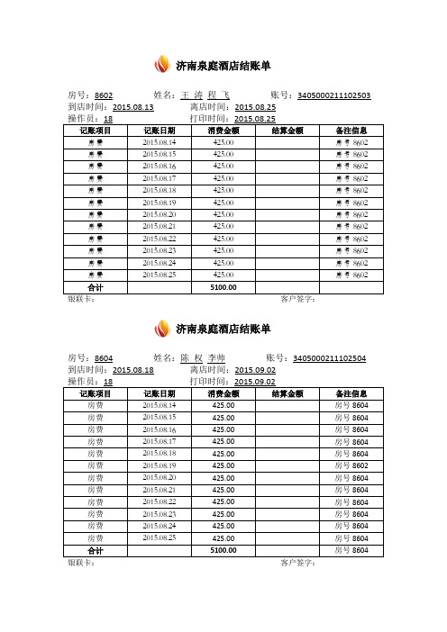 酒店明细结账单
