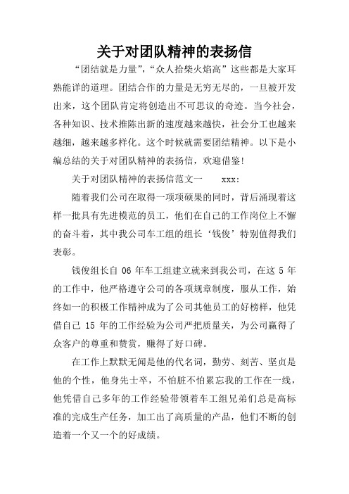 关于对团队精神的表扬信