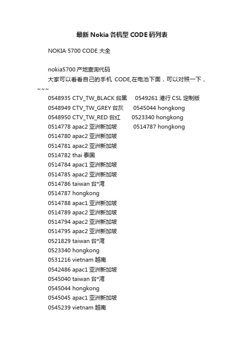 最新Nokia各机型CODE码列表