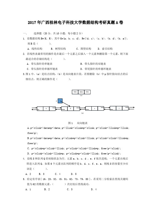 2017年广西桂林电子科技大学数据结构考研真题A卷