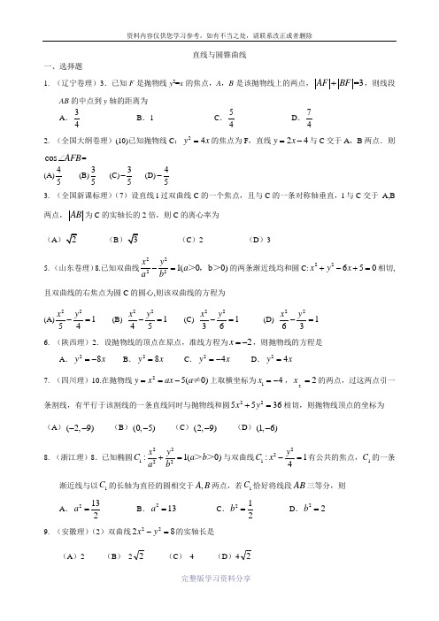 2016年高考数学理真题分类汇编：直线与圆锥曲线-----
