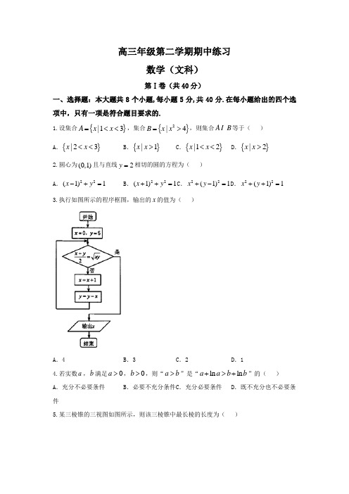 北京市海淀区2019届高三期中考试(一模)数学文试题含答案