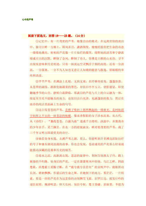 中考语文阅读带答案 心中的芦苇