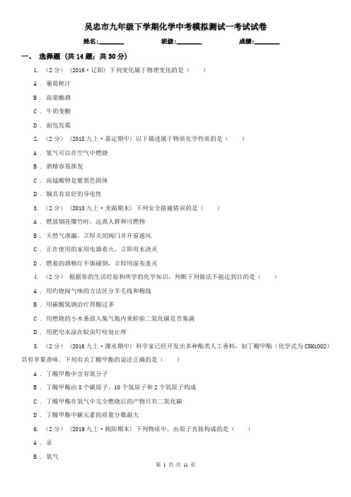 吴忠市九年级下学期化学中考模拟测试一考试试卷