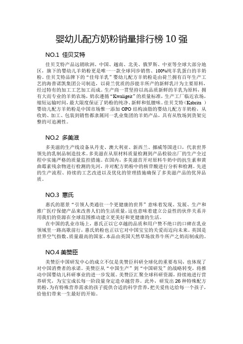 婴幼儿配方奶粉销量排行榜10强