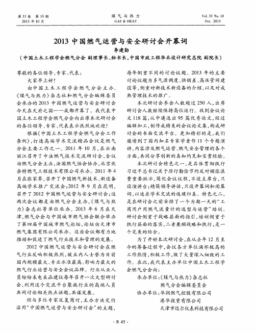 2013中国燃气运营与安全研讨会开幕词