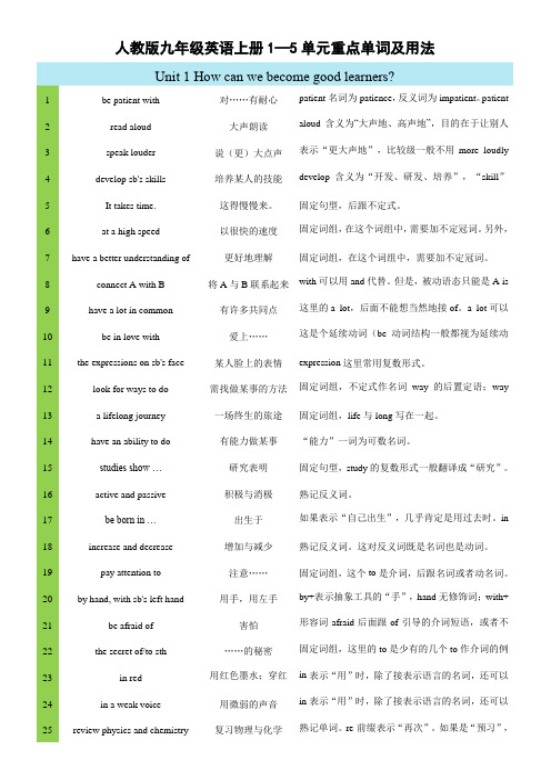 人教版英语九年级1—5单元重点短语及用法