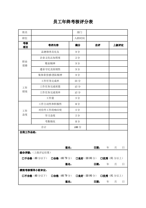 员工年终考核评分表