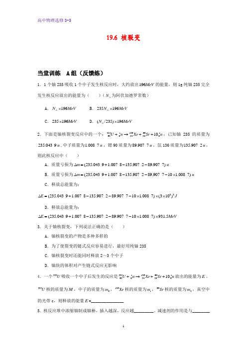 高中物理选修3-5课时作业6：19.6 核裂变