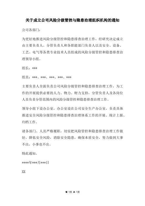 成立公司风险分级管控与隐患治理组织机构通知