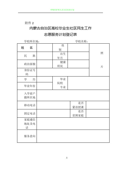 内蒙古自治区高校毕业生社区民生工作 志愿服务计划登记表