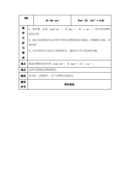 最新人教版PEP版英语小学三年级下册Unit 3 At the zoo 优质课教案(1)