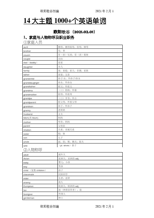 14大主题1000+个英语单词之欧阳歌谷创编