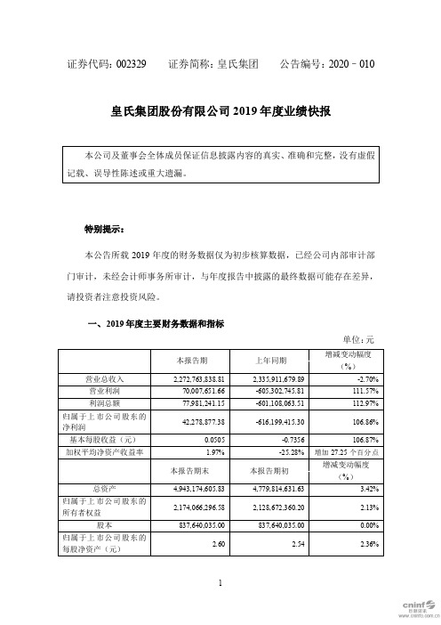 皇氏集团：2019年度业绩快报