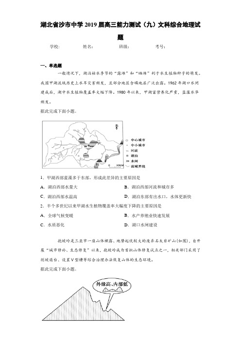 湖北省沙市中学2021届高三能力测试(九)文科综合地理试题