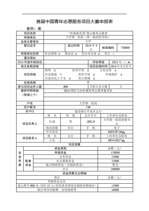 首届中国青年志愿服务项目大赛申报表