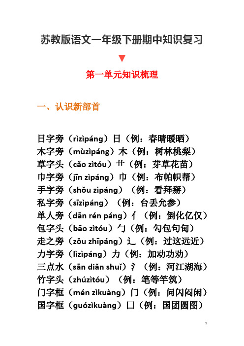 苏教版一年级下册期中考试1-4单元复习要点