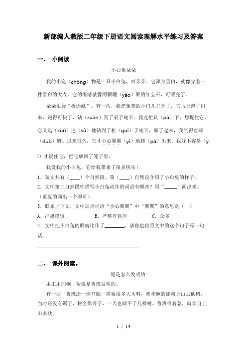 新部编人教版二年级下册语文阅读理解水平练习及答案