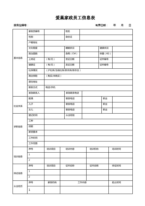 家政阿姨员工面试表
