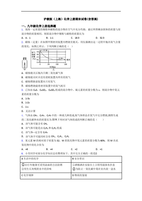 沪教版(上海)化学初三化学上册期末试卷(含答案)