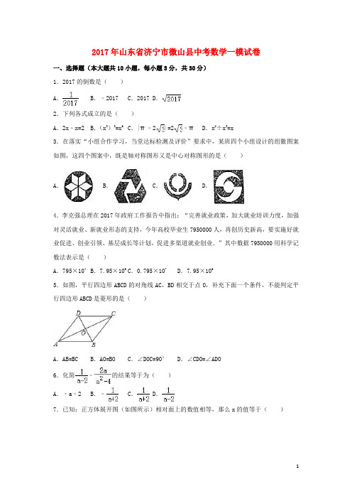 山东省济宁市微山县中考数学一模试卷(含解析)