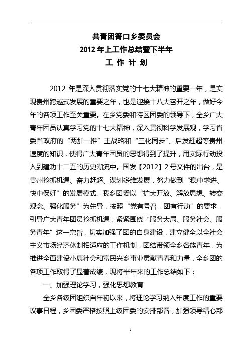箐口乡团委2012年上半年工作总结暨下半年工作计划
