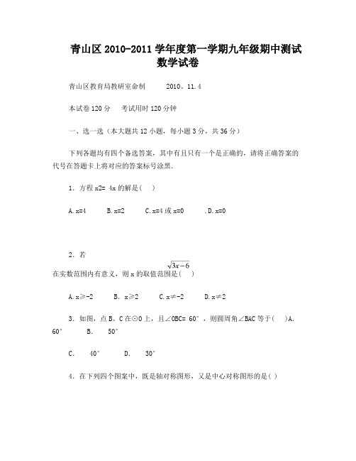 武汉市青山区2010-2011学年度第一学期九年级期中数学试题及答案