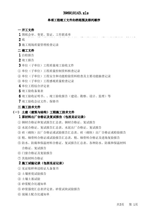 单项工程竣工文件归档范围及排列顺序