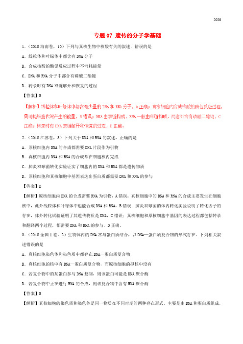三年高考2020高考生物试题分项版解析 专题07 遗传的分子学基础(含解析)