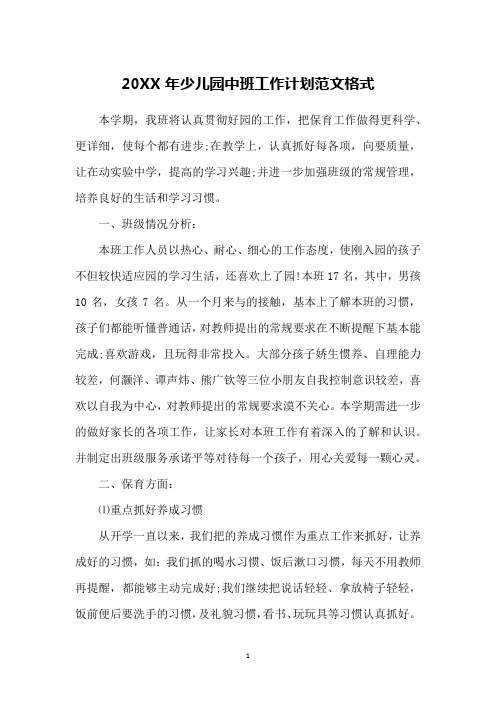 20XX年少儿园中班工作计划范文格式