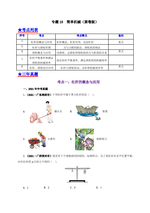 中考物理专题10  简单机械(原卷版)