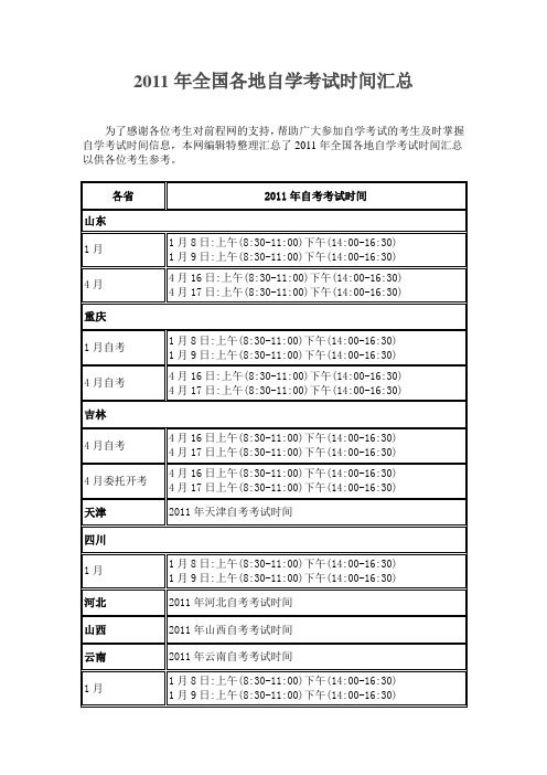 2011年全国各地自学考试时间汇总