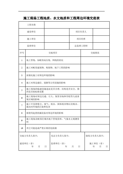 施工现场工程地质、水文地质和工程周边环境交底表