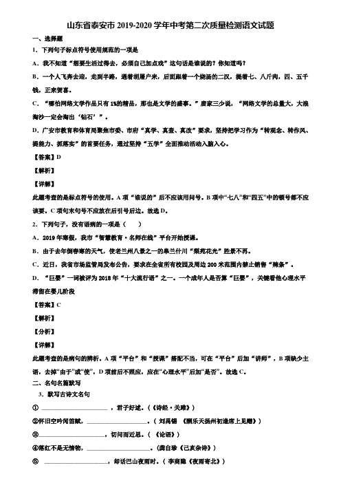 山东省泰安市2019-2020学年中考第二次质量检测语文试题含解析
