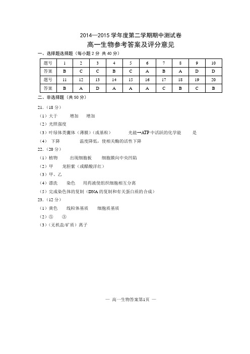2014—2015学年度第二学期期中测试卷 高一生物,政治,历史,地理合集