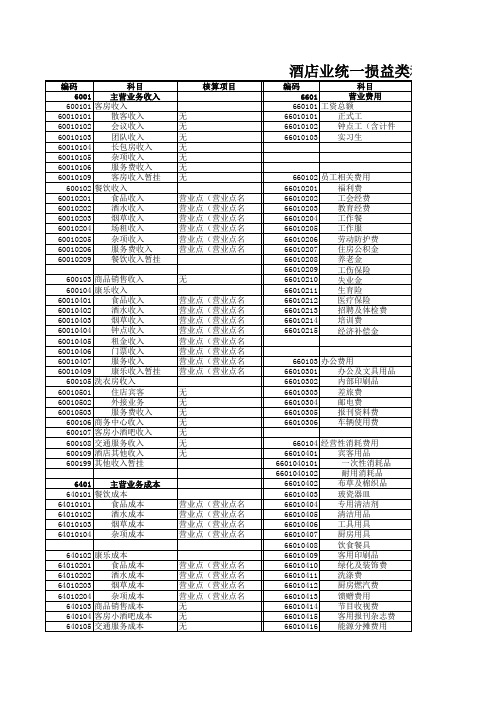 酒店会计统一会计科目