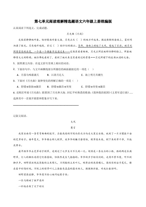 人教部编版六年级语文上册第七单元阅读理解精选题(含答案)