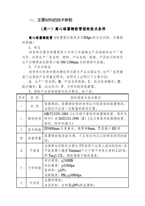 主要材料的技术参数