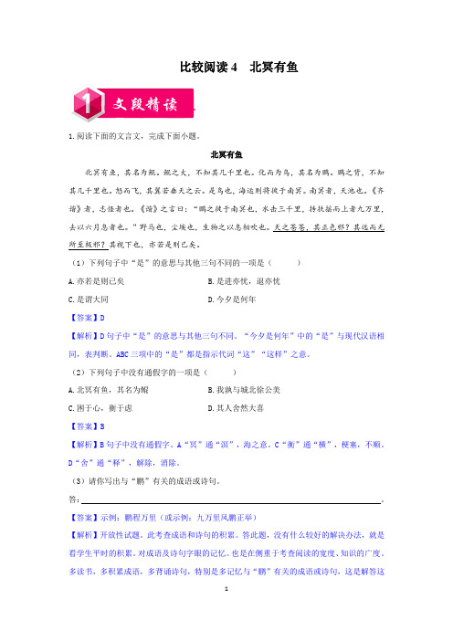 比较阅读4  北冥有鱼-2020-2021学年八年级语文下学期金牌阅读之课内外文言文比较阅读(解析版