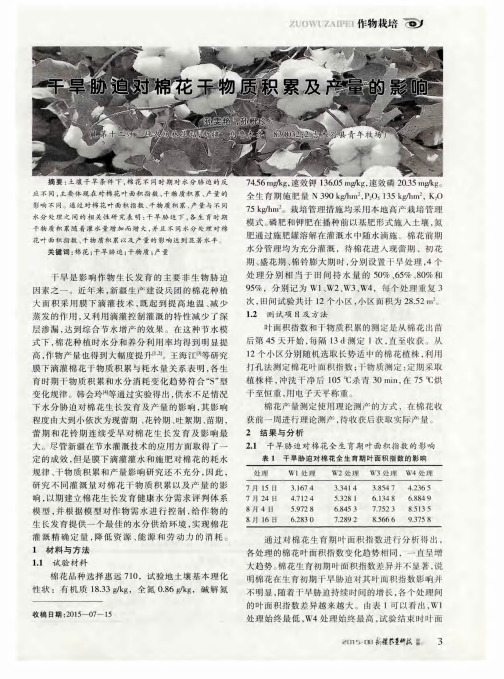 干旱胁迫对棉花干物质积累及产量的影响