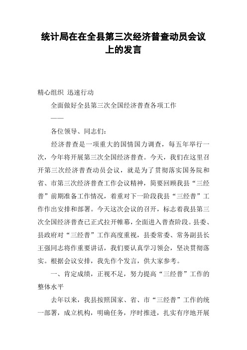 统计局在在全县第三次经济普查动员会议上的发言