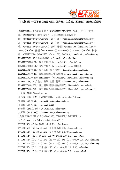 【股票指标公式下载】-【大智慧】一目了然(流通A股、工作线、生命线、不惑线)